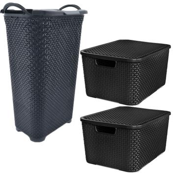 Cesto de Roupa Rattan 50L + 2 Caixa Plástica Rattan 7L Preta